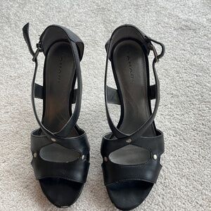 Tahari TA-Flora Black Striped Leather Platform Shoes with 4-inch heel